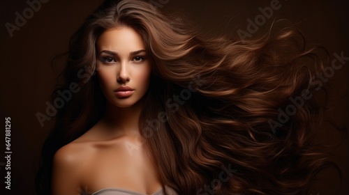 Long hair on a beautiful chic woman. Makeup and hair.Woman's hair is neatly groomed. The brunette hair covers half of the face. generative ai