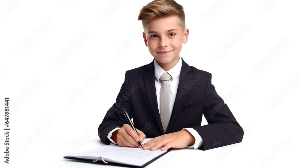 Young boy working his desk on white background Young boy working his desk on white background