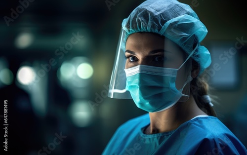 Healthcare worker wearing disposable mask and face glass shield. Generative AI