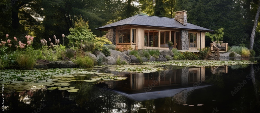 New wooden cottage built beside a pond