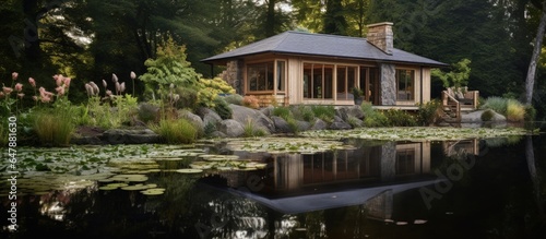 New wooden cottage built beside a pond