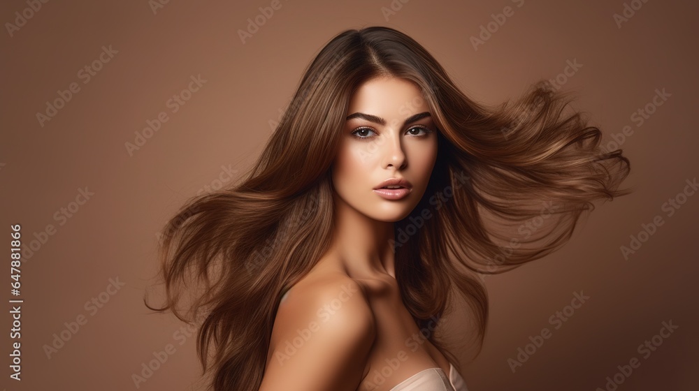 Stunning beauty with long and shiny wavy hair, color and toning, shatush and balayash. Beautiful female model with curly hair. generative ai