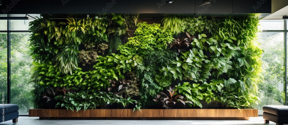 Man creates a beautiful vertical garden with air filtering plants on a corner of the office fa ade Man creates a beautiful vertical garden with air filtering plants on a corner of the office fa ade