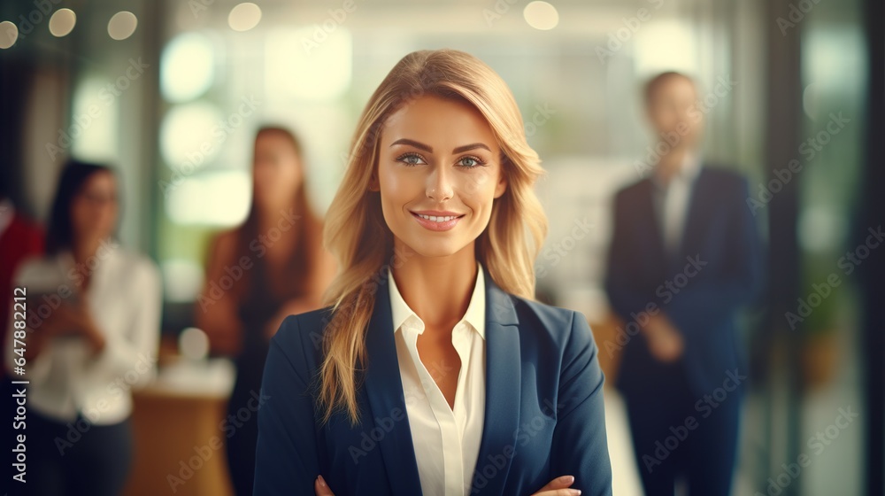 image of a businesswoman in front of a company. generative ai image of a businesswoman in front of a company. generative ai