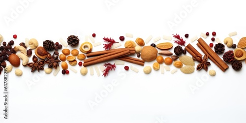 A variety of nuts and spices on a white surface. Fiction, made with AI.