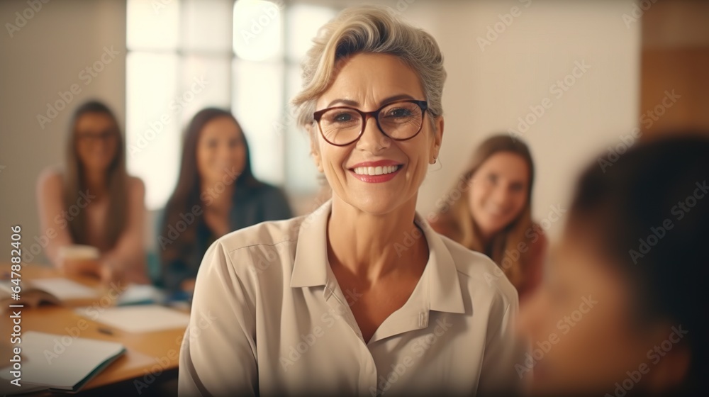 cheerful senior woman taking office cheerful senior woman taking office
