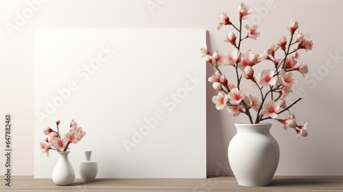 A white vase with pink flowers next to a blank paper. Photorealistic AI.