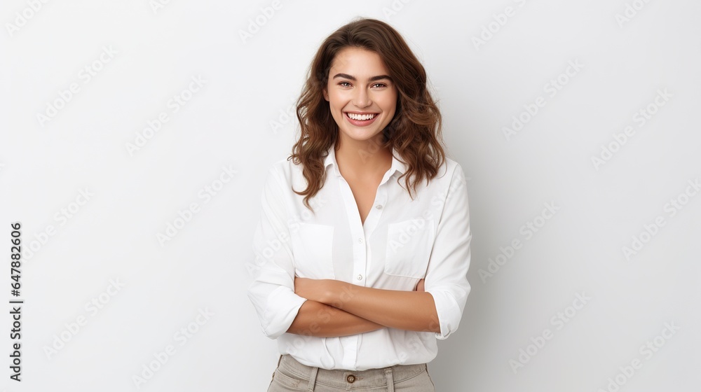 Portrait of beautiful business woman standing on white background. generative ai Portrait of beautiful business woman standing on white background. generative ai