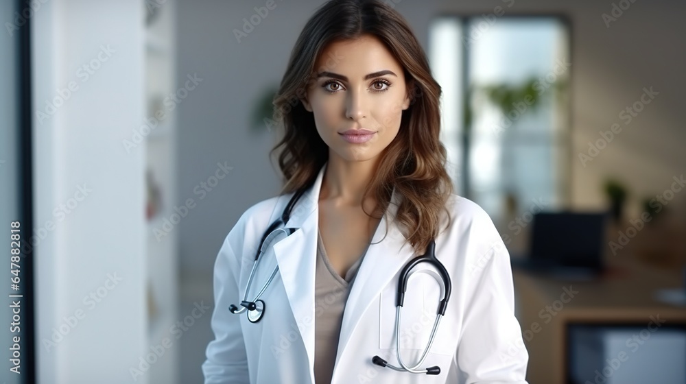 portrait of a beautiful female doctor in hospital and looking at camera. generative ai portrait of a beautiful female doctor in hospital and looking at camera. generative ai