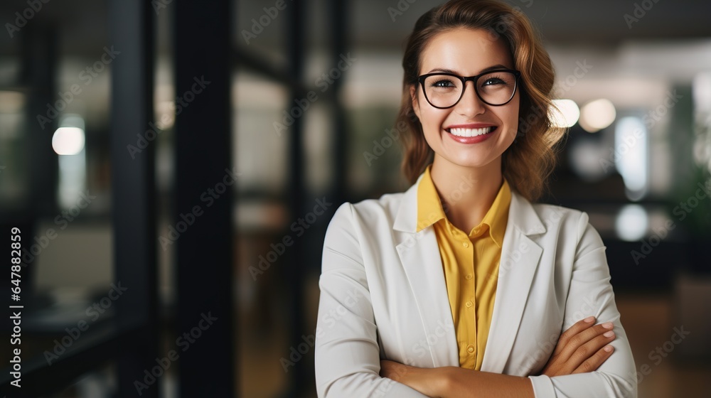 portrait of a smiling woman professional manager, confident businesswoman investor looking at camera, generative ai portrait of a smiling woman professional manager, confident businesswoman investor looking at camera, generative ai