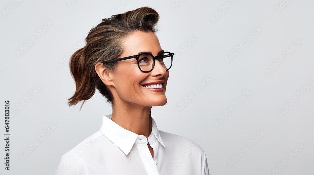 businesswoman with her face turned sideways on a studio background