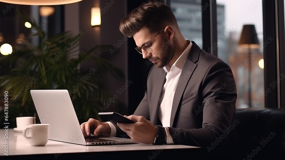 businessman uses his cellphone's audio speakers while reading document notes and browsing on his laptop. While planning, an entrepreneur records voice memos on his phone. businessman uses his cellphone's audio speakers while reading document notes and browsing on his laptop. While planning, an entrepreneur records voice memos on his phone.