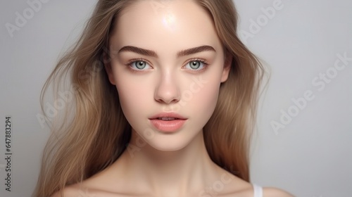 young beautiful woman with perfect smooth skin isolated over white background. Nude makeup. Concept of natural beauty. generative ai