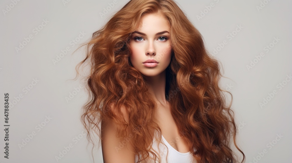 Fototapeta premium Lovely curly hair. Girl With Healthy Wavy Long Blonde Hair Smiling. Happy Woman Portrait With Beautiful Face, Sexy Makeup, And Perfect Hair Curls. generative ai