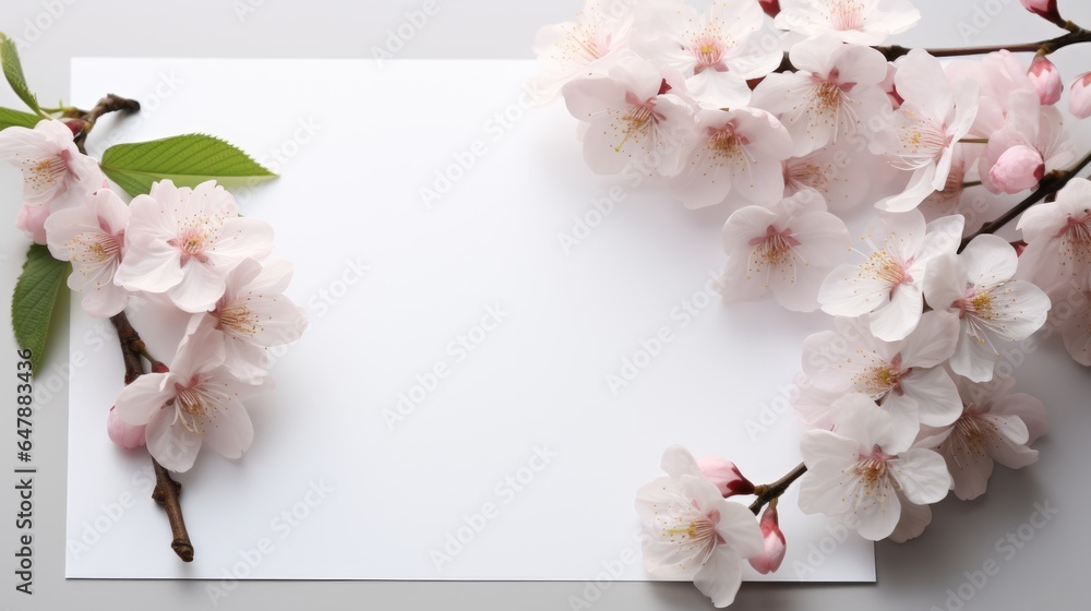 A white sheet of paper with pink flowers on it. Photorealistic AI.