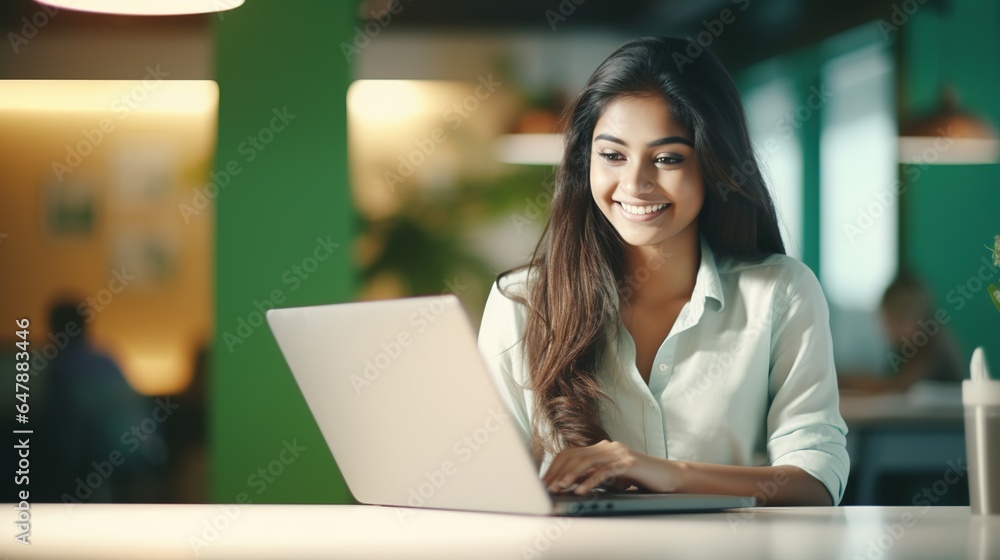 Portrait of a cheerful and successful female programmer at work, smiling and staring at the camera with her laptop. generative ai Portrait of a cheerful and successful female programmer at work, smiling and staring at the camera with her laptop. generative ai