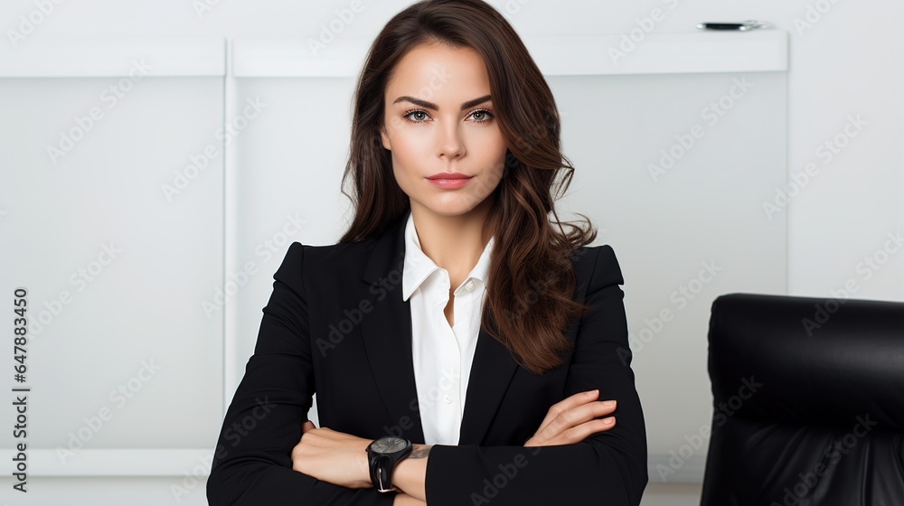 A successful businesswoman stands in a creative workplace, beaming at the camera. generative ai A successful businesswoman stands in a creative workplace, beaming at the camera. generative ai