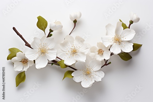 A branch of white flowers with green leaves. Photorealistic AI. © Friedbert