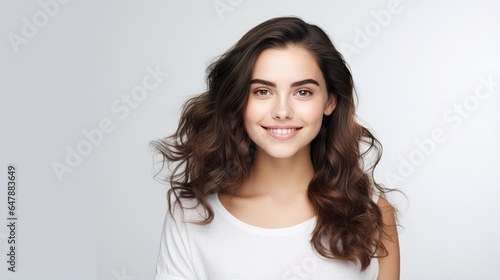 Portrait of a beautiful young woman smiling at the camera on white background