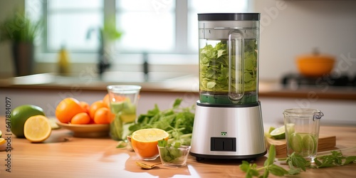 juicer with vegetables and fruits on the table in the home kitchen. healthy eating and self-care. 