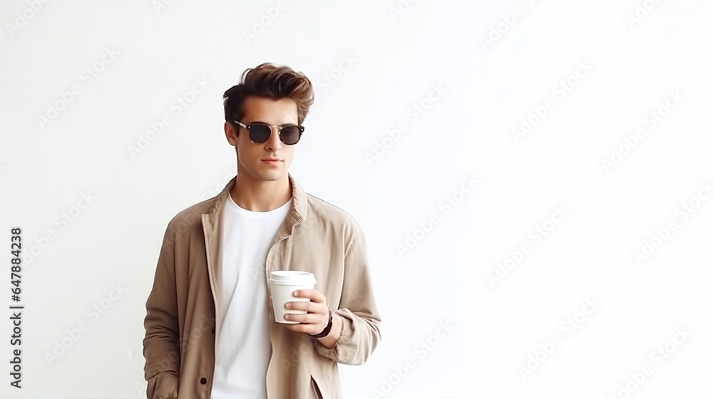 Handsome man with sunglasses holding cup of coffee Handsome man with sunglasses holding cup of coffee