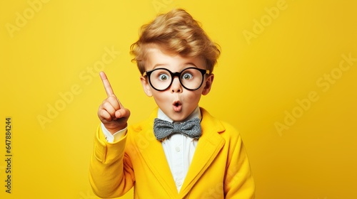 little boy with wearing glasses on yellow background photo