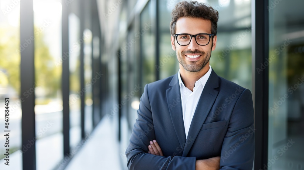 Portrait of successful businessman standing with arms crossed standing in front of modern office buildings. generative ai Portrait of successful businessman standing with arms crossed standing in front of modern office buildings. generative ai