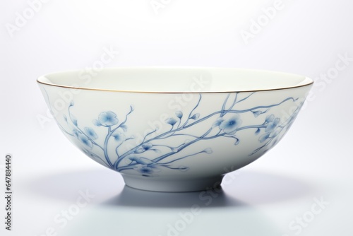 A white bowl with blue flowers on it. Photorealistic AI. Oriental style imaginary pottery.