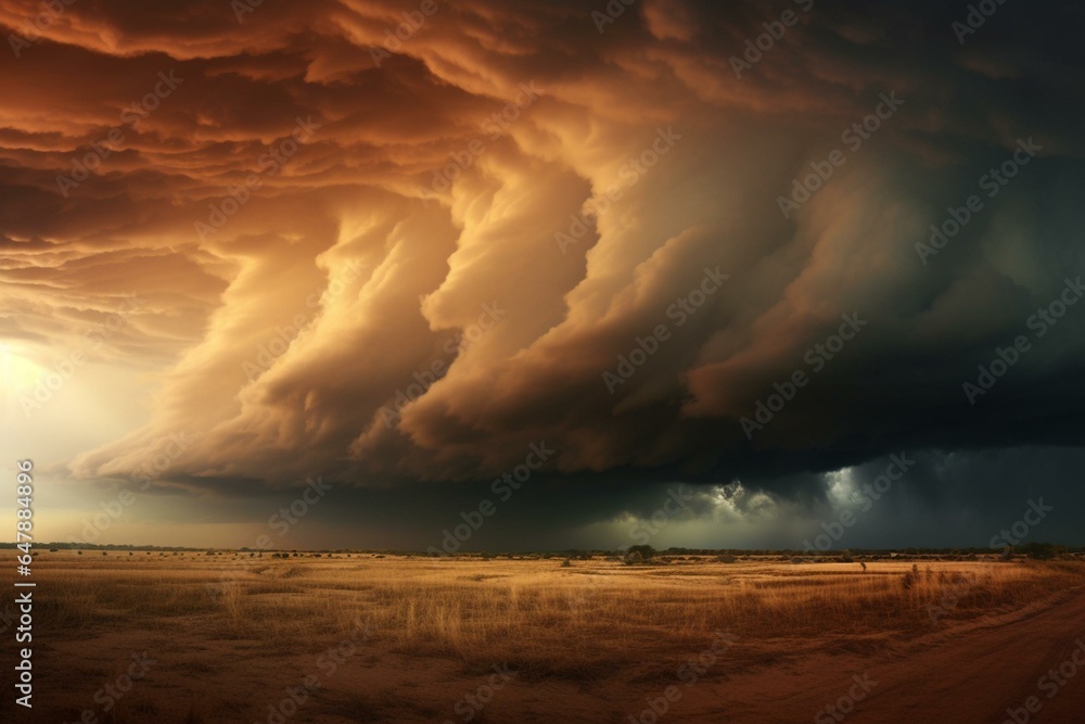Powerful tempest brewing over vast plains. Generative AI - obrazy, fototapety, plakaty 