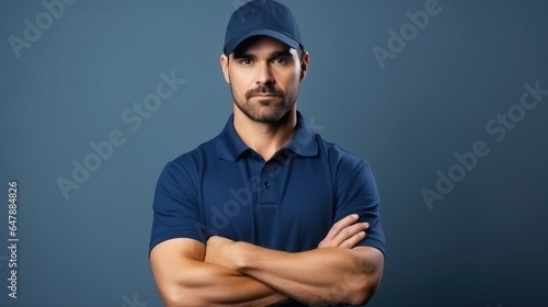 Professional delivery guy employee man in blue cap t-shirt uniform workwear looks camera hold hands crossed folded. generative ai