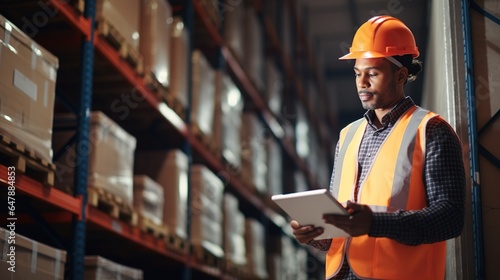 Portrait of a male warehouse worker in warehouse storage. A worker in a factory holding a computer tablet stands amid a stack of cardboard boxes. generative ai