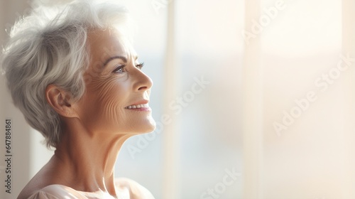Smiling mature old lady pampering, healthy moisturized skin care, aging beauty, skincare treatment cosmetics concept.