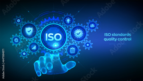 ISO standards quality control, assurance warranty business technology concept on virtual screen. Wireframe hand touching digital interface with connected gears cogs and icons. Vector illustration. photo