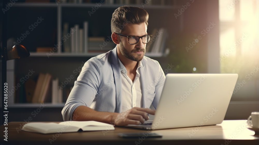 Businessman working on laptop computer at office background. generative ai Businessman working on laptop computer at office background. generative ai