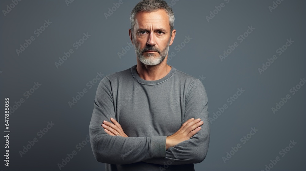 Portrait of a Man with his arms crossed over grey background. generative ai
