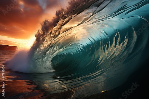 huge ocean wave in dynamic colors at sunset, showing the beauty and power of the ocean. © Margo_Alexa