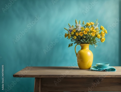 Home Interior Background, Wooden Table, Yellow Vase, and Field Flower Bouquet Against a Blank Turquoise Wall with Copy Space © Graphical Genius
