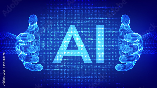 AI. Artificial intelligence. Letters AI made with binary code in wireframe hands. Binary data and streaming digital code background. Matrix background with digits 1.0. Vector illustration.