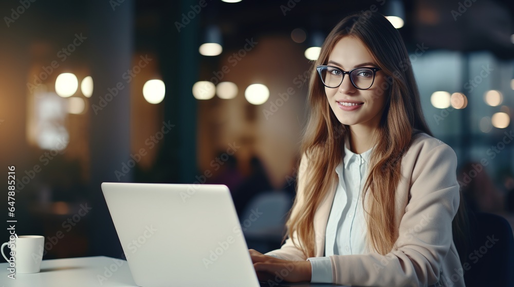 At work, a woman works on her laptop at her desk. At work, a woman works on her laptop at her desk.