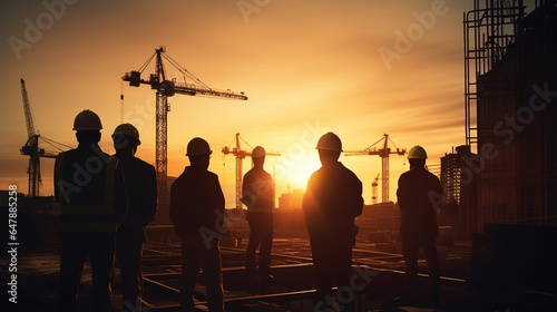 silhouette of a group engineering worked on construction site at sunset . generative ai 