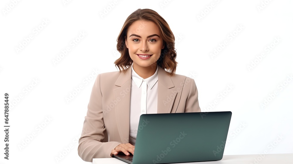 business woman with laptop on white background. generative ai business woman with laptop on white background. generative ai