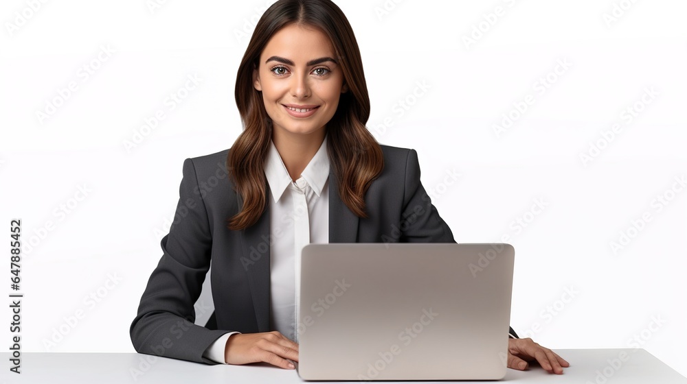 Businesswoman working on laptop isolated on white background. generative ai Businesswoman working on laptop isolated on white background. generative ai