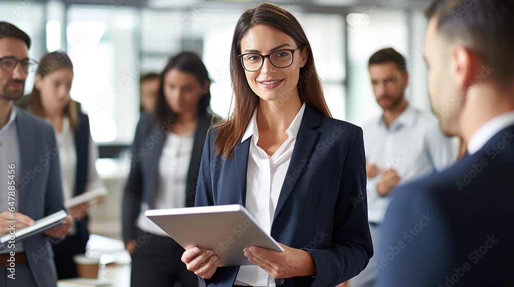 portrait of a smiling business woman at the camera looking professional and executive and using tablets pc in office background. generative ai portrait of a smiling business woman at the camera looking professional and executive and using tablets pc in office background. generative ai