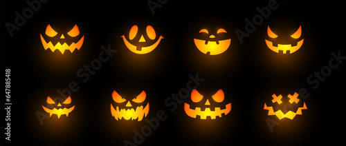 Glowing scary and funny glowing faces of Halloween pumpkin or ghost . Vector collection.