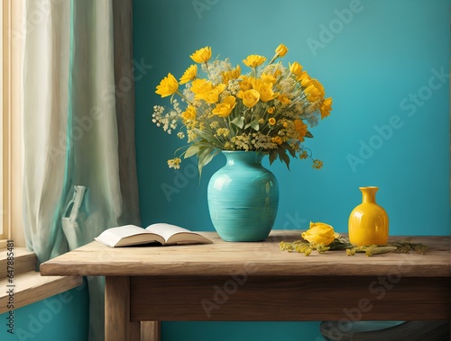 Home Interior Background, Wooden Table, Yellow Vase, and Field Flower Bouquet Against a Blank Turquoise Wall with Copy Space © Graphical Genius
