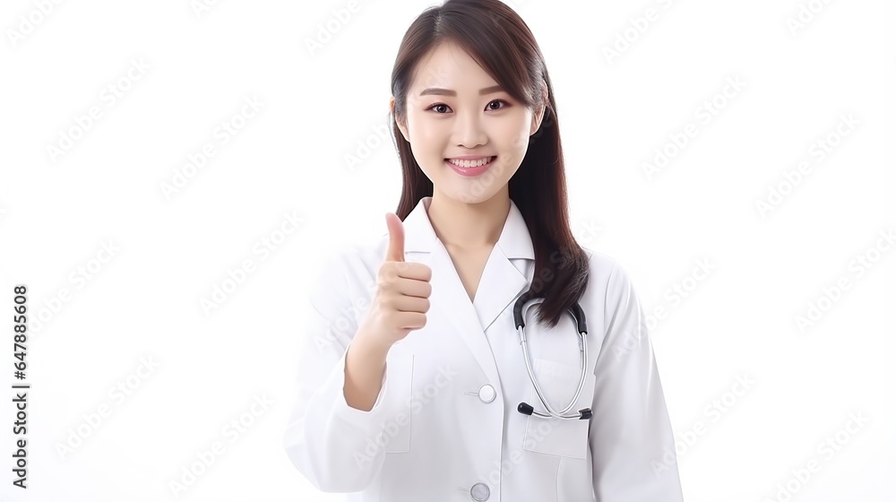 Asian female doctor showing thumbs up on white background Asian female doctor showing thumbs up on white background