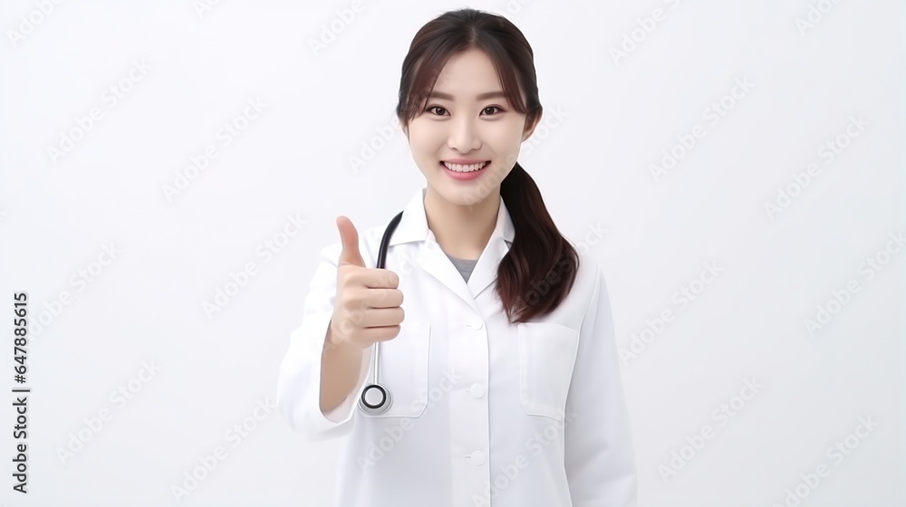 Asian female doctor showing thumbs up. generative ai Asian female doctor showing thumbs up. generative ai