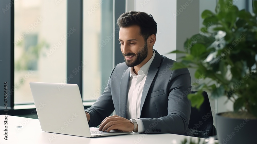 Portrait confident businessman and businesswoman working at laptops in conference room meeting. generative ai Portrait confident businessman and businesswoman working at laptops in conference room meeting. generative ai