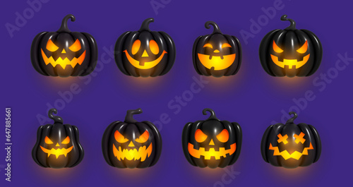 Black inflated pumpkin with a creepy smile and glowing eyes. Pumpkin inflatable 3d black inflatable pumpkins with cut scary good joy smile. Vector illustration