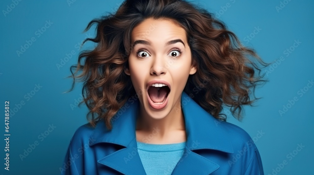 Screaming, hatred, and anger. On a blue studio background, a crying emotional angry woman screams. A young, emotional face. Half-length portrait of a woman. Concept of human emotions and face expressi Screaming, hatred, and anger. On a blue studio background, a crying emotional angry woman screams. A young, emotional face. Half-length portrait of a woman. Concept of human emotions and face expressi
